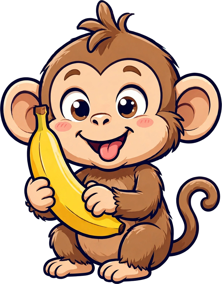 Captain Coco, Nunubanunu’s playful monkey mascot, holding a banana