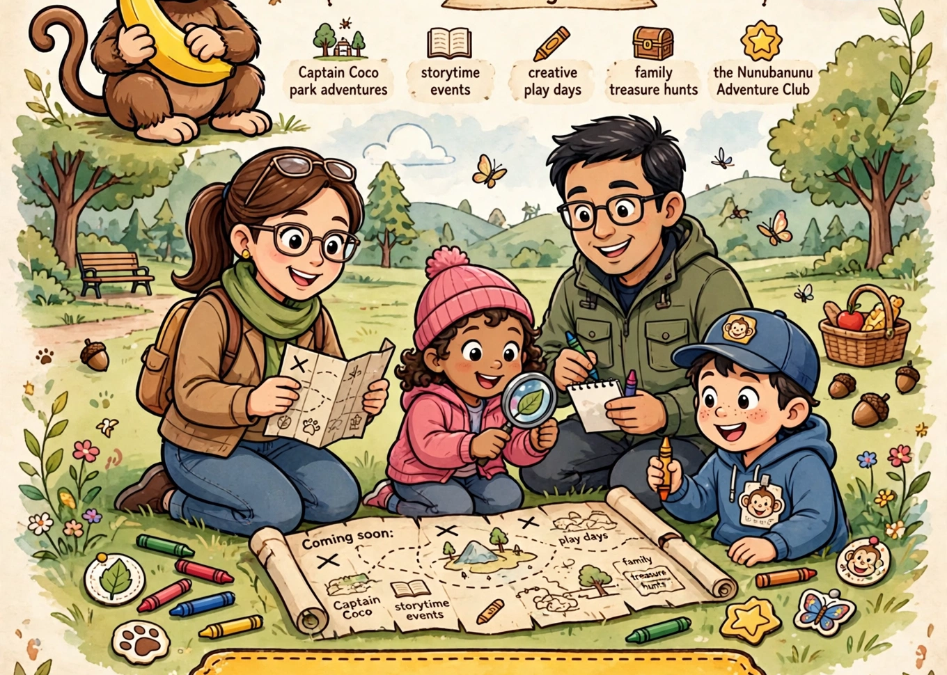 Parents and children following a treasure map, drawing with crayons and earning discovery badges together in a park