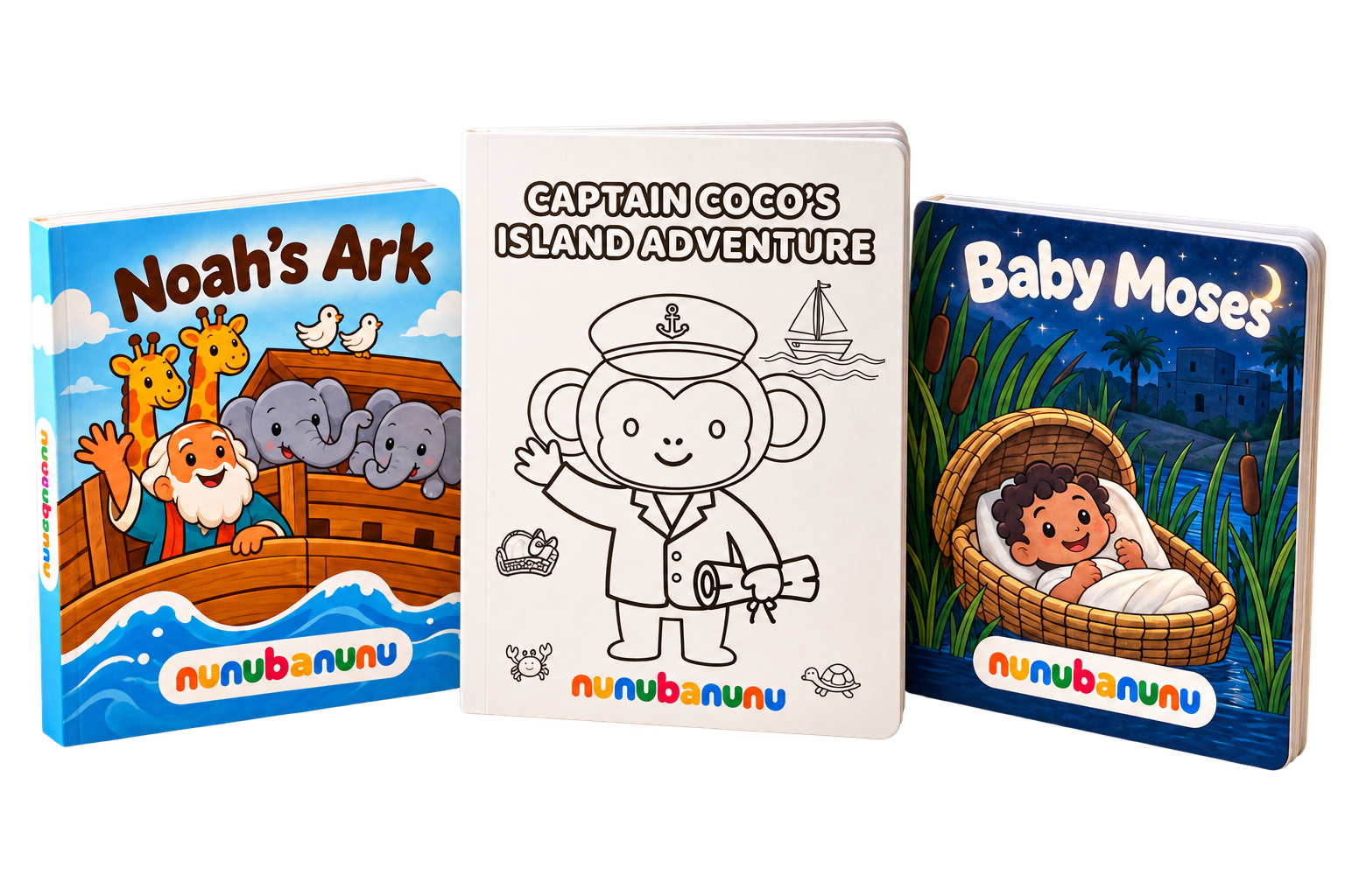 3D mockups of three nunubanunu storybooks: Noah's Ark adventure edition, Captain Coco's Island Adventure colorable edition, and Baby Moses night edition